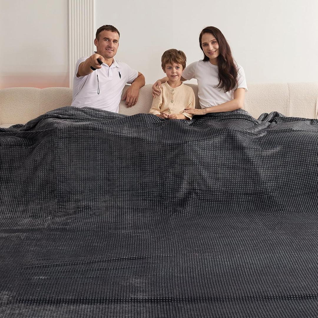 Oversized King Fleece Blanket 120x120 Inches, Seamless Soft Cozy 3D Jacquard Flannel Blanket 10'x10' Extra Large for Bed, Sofa, Couch, Travel & Camping, California King Throw, Dark Grey - Waffle