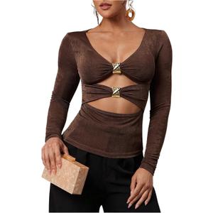SOLY HUX Women's V Neck Cut Out T Shirt Long Sleeve Ruched Tee Slim Fitted Going Out Tops (Brown, Large)