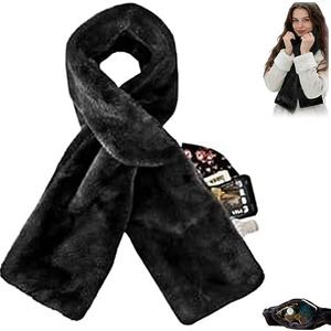 Faux-Fur Pull Through Scarf With Hidden Zipper Pocket for Women, Fur Neck Collar Scarf Cozy Wrap Secure Concealed Storage (Black)