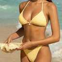 Seamolly Solid Color Textured Shell Decor Halter Triangle Cheeky Bikini Set Yellow M