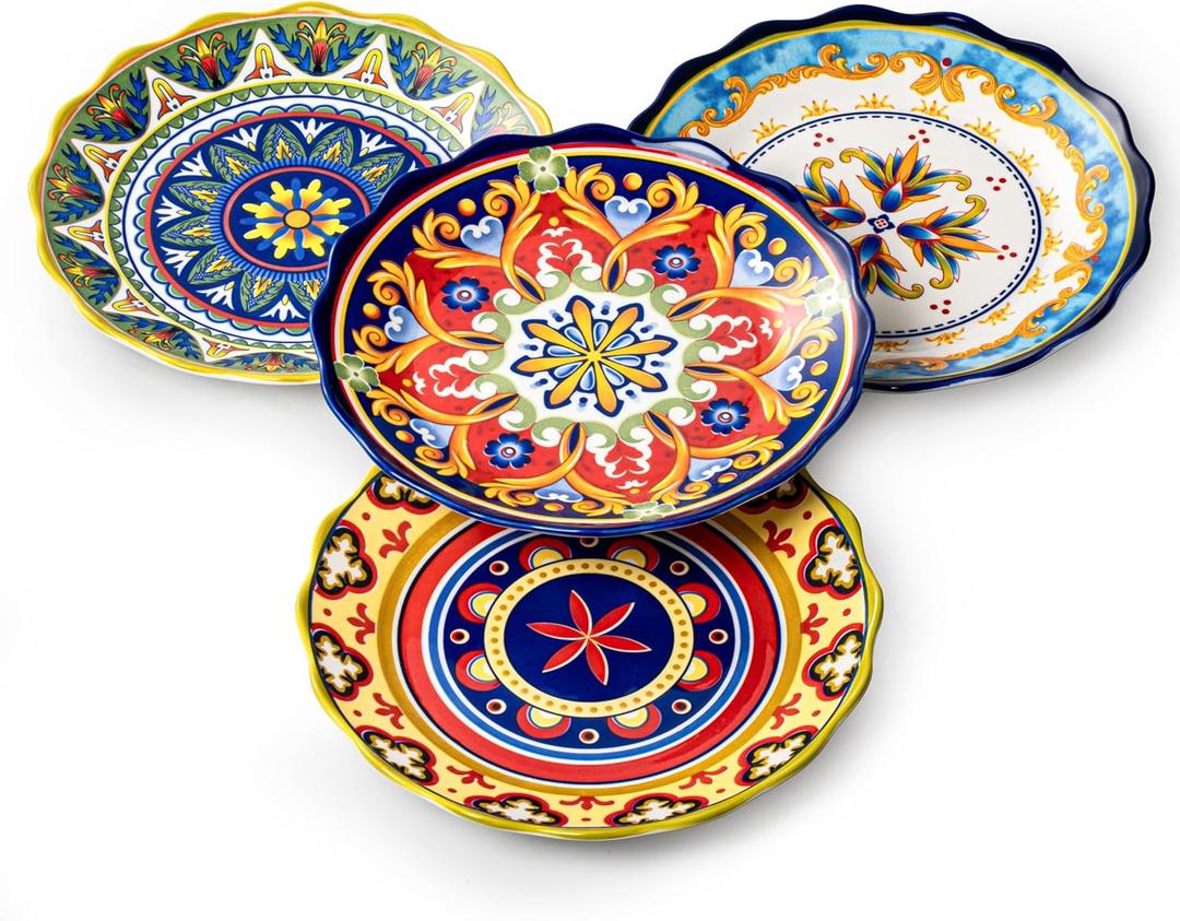 UNICASA Ceramic Dessert Plate Set of 4, 9 Inch Snack Plates with Scalloped Edges  Serving Dishes for Salad, Cake, Cheese, Vibrant Boho Decoration, Microwave & Dishwasher Safe