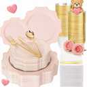 WDF 350Pcs Pink Plastic Plates - Pink and Gold Disposable Plates 50Guest Plastic Dinnerware for Baby Shower/Birthday/Wedding/Easter
