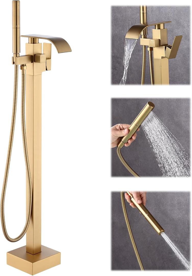 Waterfall Freestanding Bathtub Faucet, Floor Mount Bathroom Tub Filler Shower Faucets with Handheld Sprayer, Brushed Gold