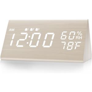 JALL Digital Alarm Clock, with Wooden Electronic LED Time Display, 3 Alarm Settings, Humidity & Temperature Detect, Wood Made Electric Clocks for Bedroom, Bedside (White)