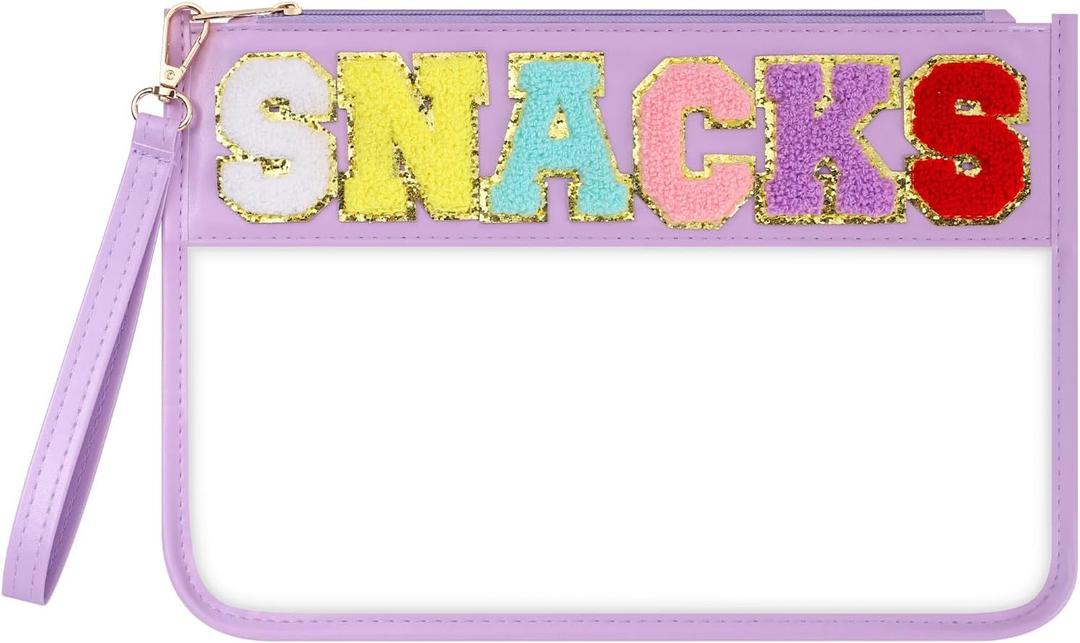 Clear Snack Bag for Travel, Chenille Letter Clear Zipper Snacks Pouch Nylon Cosmetic Bag Makeup Travel Bag for Women (Purple)