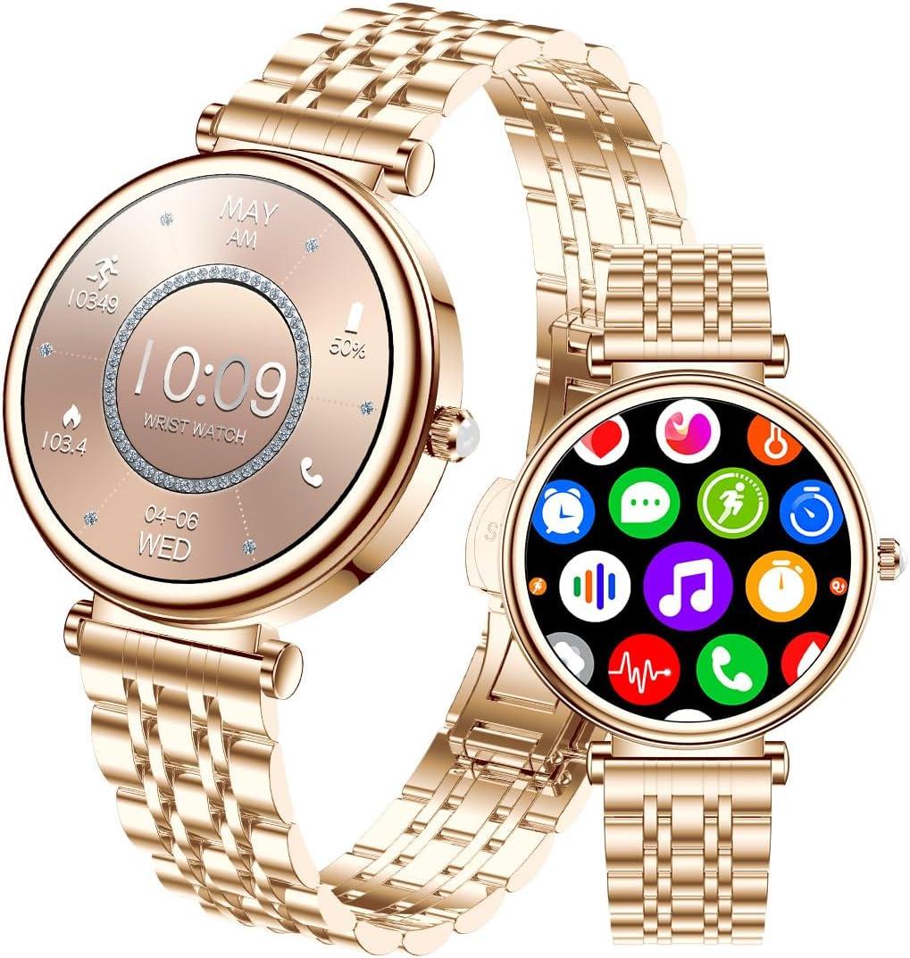 Smart Watch for Women 1.27" Color Screen Waterproof Fitness Activity Tracker Rose Gold Women's Smart Watch with Heart Rate Sleep Monitor for Android and iOS (Rose Gold Steel RT-i109)