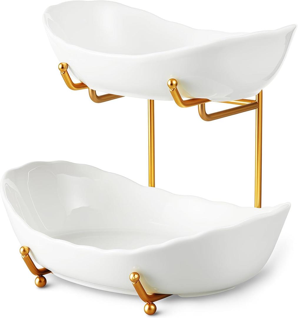 2 Tier Ceramic Fruit Bowl for Kitchen Counter, Tiered Fruit Basket for Countertop, Modern Multi Layer Fruit Display Stand for Party, Cute (Gold&White, Small) 1