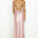 Summer Satin Spaghetti Strap Cowl Neck Backless Midi Dresses for Women Elegant Tie Low Back Ruched Cocktail Dress (Pink) M
