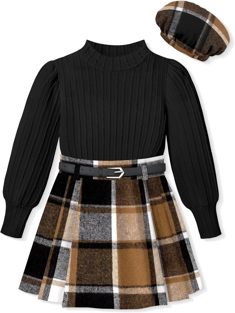 ADIFUN Clothes For Girls Skirt Pants Sets Long-Sleeved Round Neck Top Flannel Plaid Skirt Dress Beret Girls Outfit 3 Piece (7-8 Years, Black + Brown)