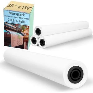 4 x Marspark 4 Rolls 20lb Uncoated Inkjet Bond Paper 30" x 150' 2" Core 80 GSM Ideal for General Purpose Compatible with Most Black and White Inkjet Printers Pen Plotting