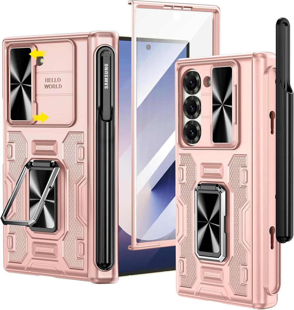 VEGO for Galaxy Z Fold 6 Case, with [S Pen Holder][Hinge Protection][360-degree Rotating Kickstand][Slide Camera Cover][Front HD Screen Protector] Protective Cover for Samsung Z Fold 6 - Rose Pink
