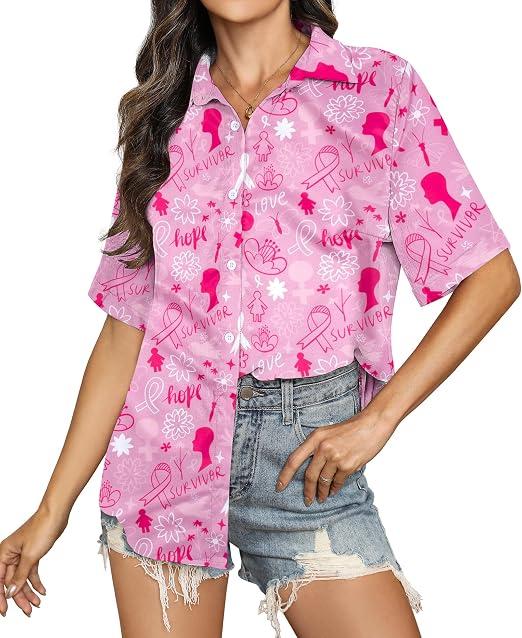 VILOVE Breast Cancer Shirt Women: Breast Cancer Awareness Button Up Tshirt Pink Ribbon Shirt Pink Awareness T-Shirt XL