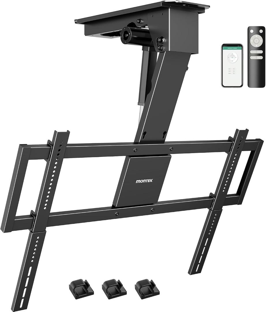 monTEK Motorized Ceiling TV Mount for 43-86 Inch TVs, Heavy-Duty 121lbs (4X Load Tested), Off-Center VESA Compatible, Electric Flip Down with Remote/App/Voice Control, Fits Flat & Pitched Roof