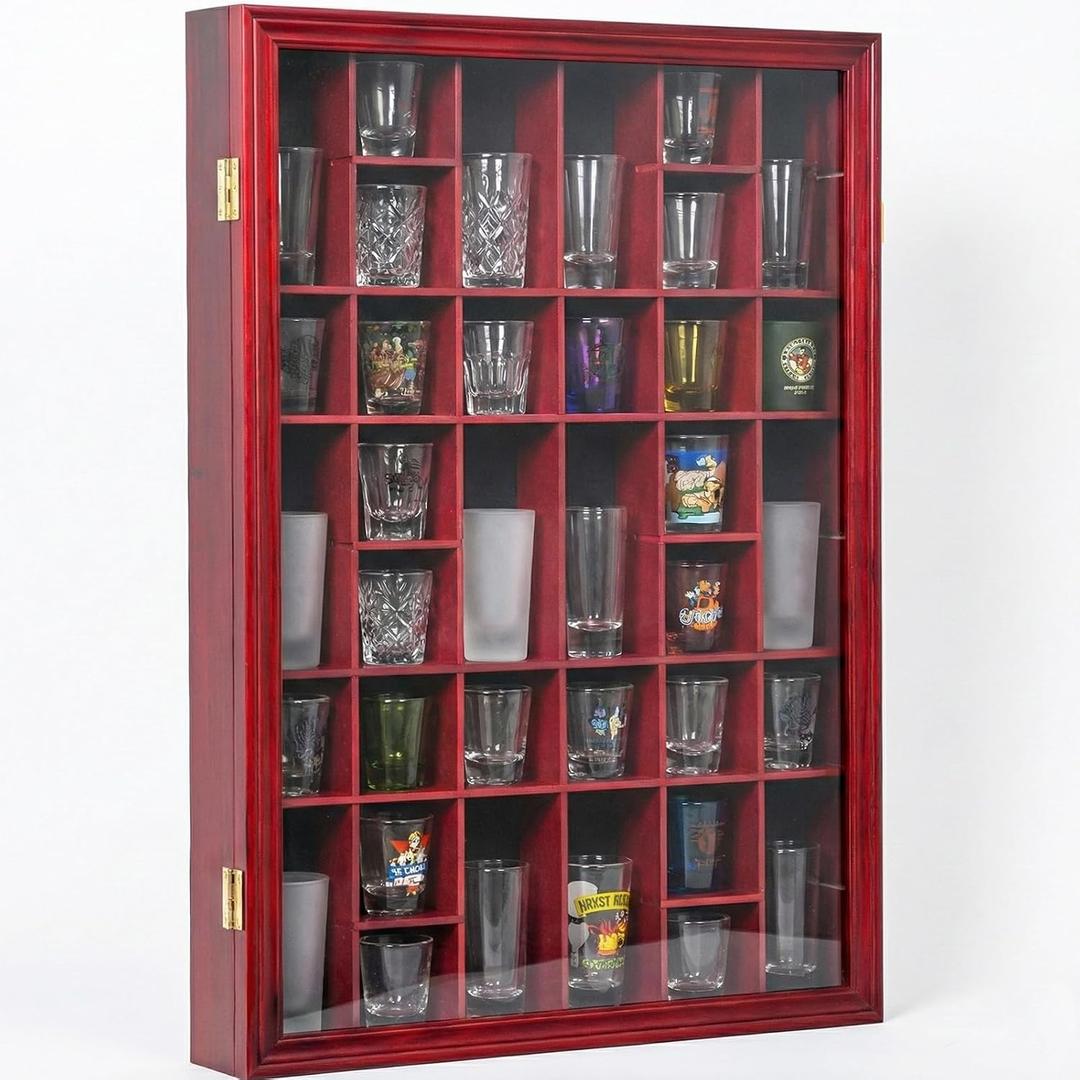 Furnishh 36 Slots Shot Glass Display Case with Lockable Door, Solid Wood Cabinet Collection Holder Wall Mounted Shot Glass Display Storage Box with Removable Shelves, 18"x26", Mahogany