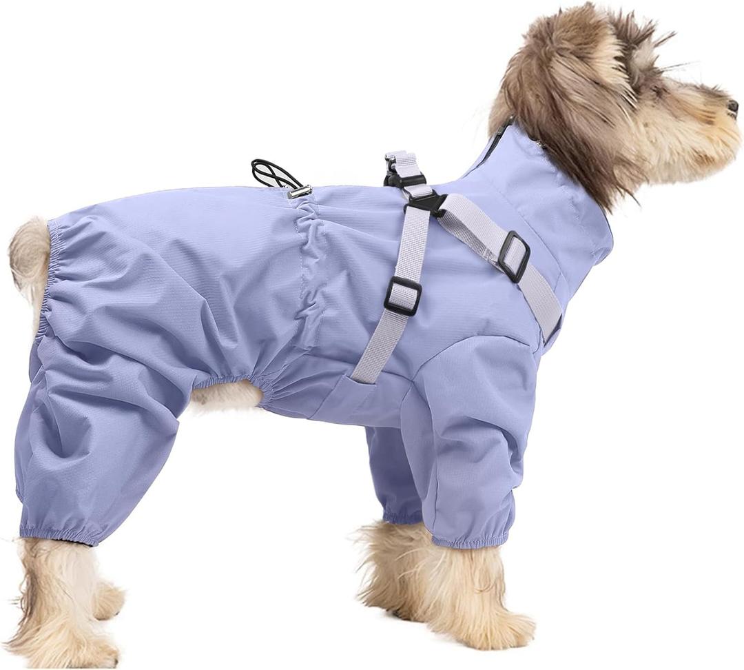BRKURLEG Dog Raincoat for Small Dogs, Small Dog Rain Jacket with Harness Built in, Waterproof 4 Legs Puppy Raincoats, Puppy Outdoor Jacket with Reflective Strip, Purple, M (M(Back Length9.8"))