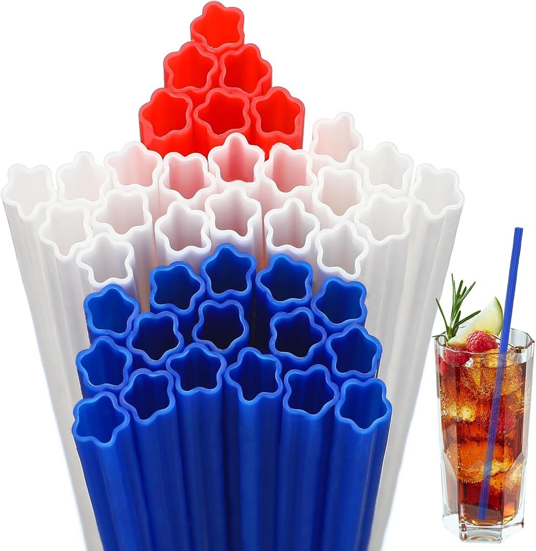 Potchen 120 Pcs Plastic Straws Red Blue White Star Shaped Straws Patriotic Disposable Drinking Cute Straw for Memorial Day 4th of July Independence Day Party Beverage Cocktail Remembrance Supplies