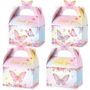 Nezyo 24 Pcs Butterfly Party Favor Treat Boxes, Pink and Purple Butterfly Floral Goodie Gable Candy Box Paper Gift Box for Birthday Party Supplies Baby Shower Wedding