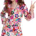 70s Hippie Dress for Girls, 1970s Outfits Peace Sign Necklace Headband, 60s Themed Party Costumes for Kids (Flower Power Pink, 5-6 Years)