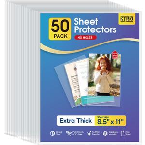 KTRIO No Holes Sheet Protectors 8.5 x 11 Inch Heavy Duty Clear Page Protectors, Plastic Paper Document Sleeves, Letter Size, Top Loading, Acid Free, 50 Pack