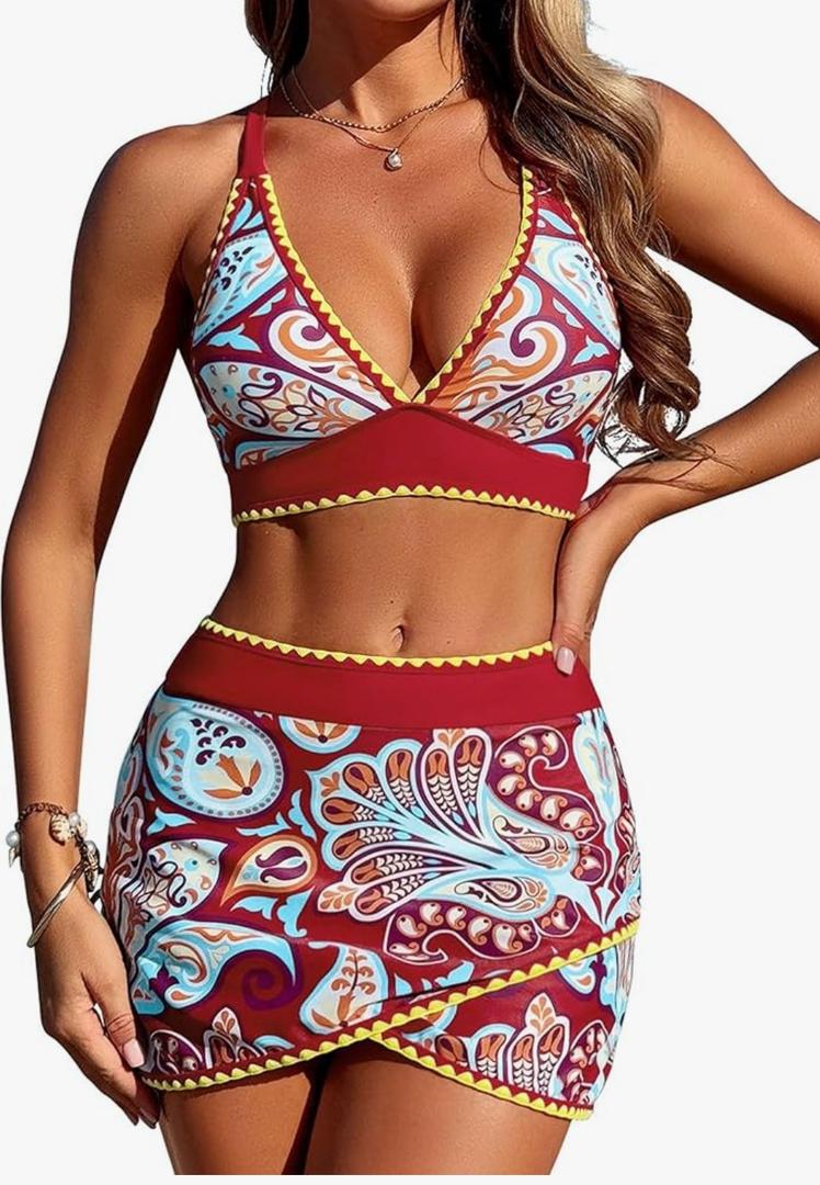 ZAFUL Women's High Waisted Bikini with Skirt Whip Stitch 2 Piece Swimsuits Tummy Control Bathing Suit, M