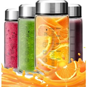 12oz Glass Juice Bottles with Lids 4-Pack, Wide Mouth Reusable Water Bottles for Juicing, Smoothies, Infused Water - Leakproof BPA Free Premium Clear Glass & Stainless Steel Lids, Fridge Safe