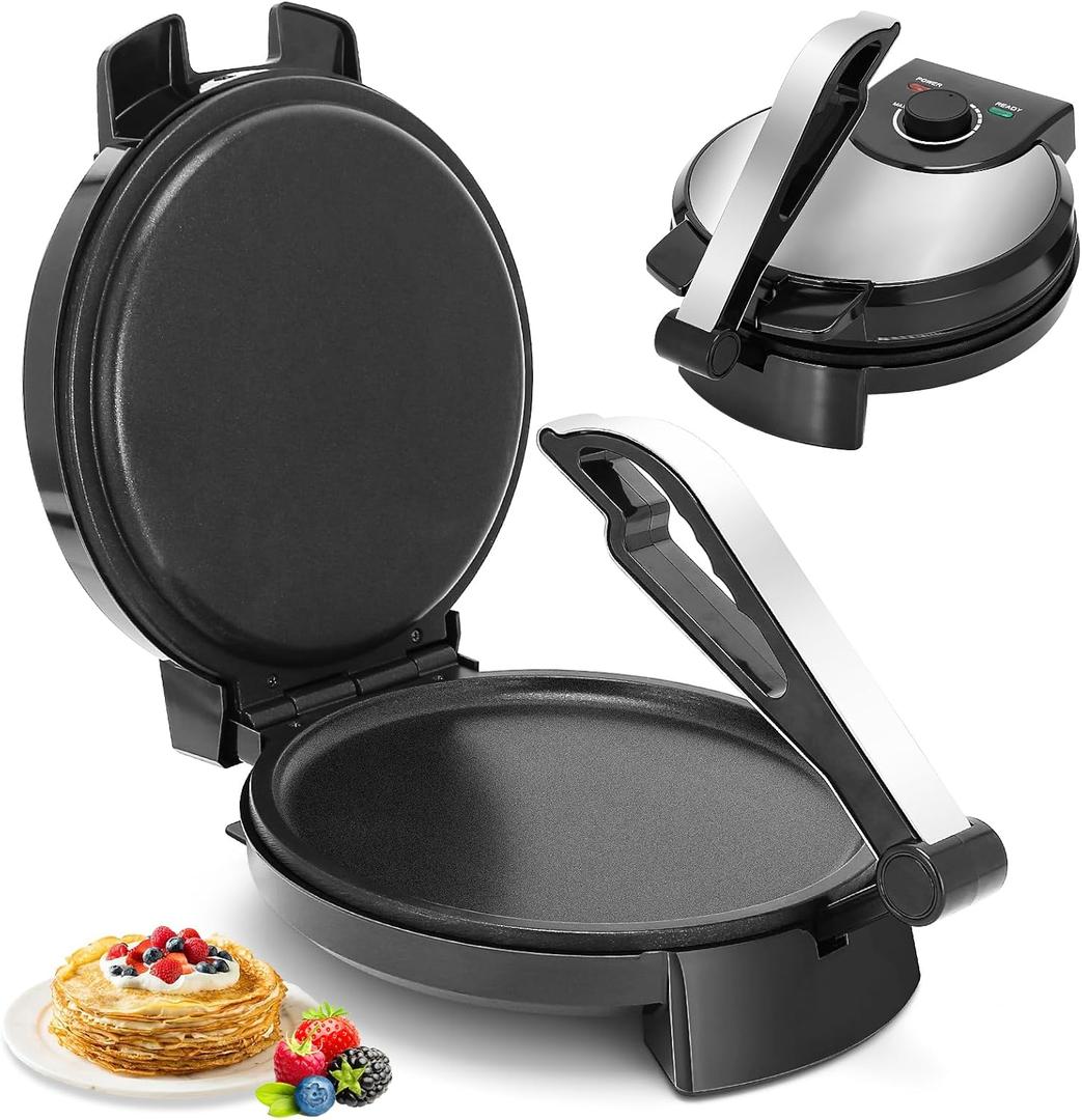 10inch Roti Maker Machine, Non-stick Electric Tortilla Maker with Adjustable Temperature Control and Removable Handle, Press to make Roti, Crepe, Chapati AC 110V 50/60Hz 1200W