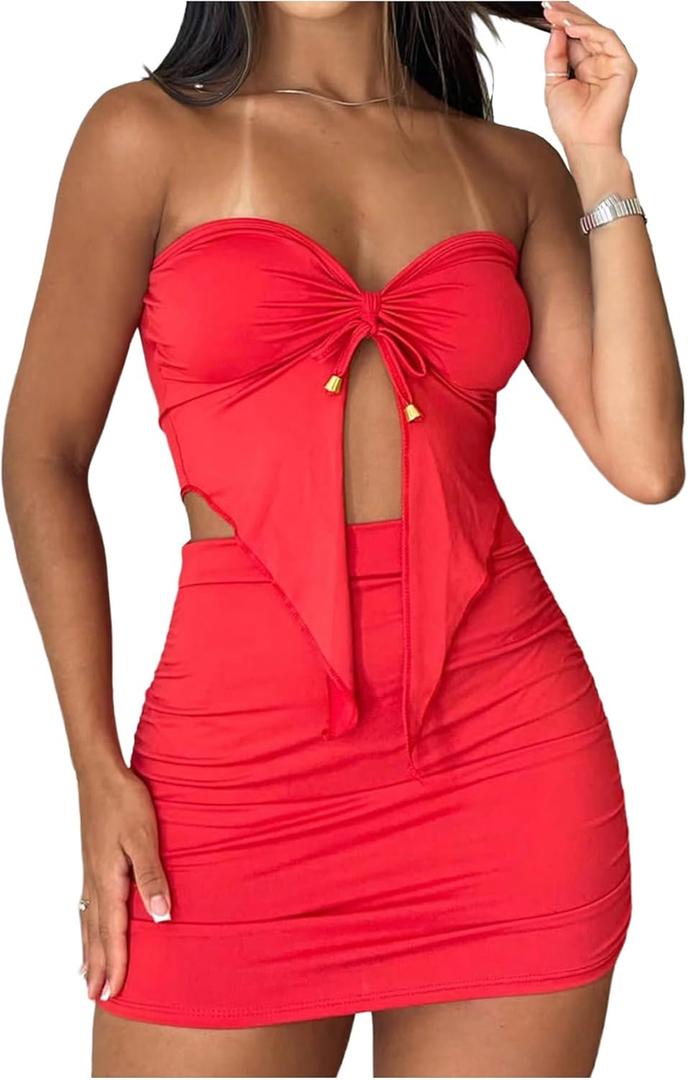 SOLY HUX Women's 2 Piece Outfits Ruched Split Asymmetrical Strapless Bandeau Tube Tops and Bodycon Mini Skirt Set (Medium)