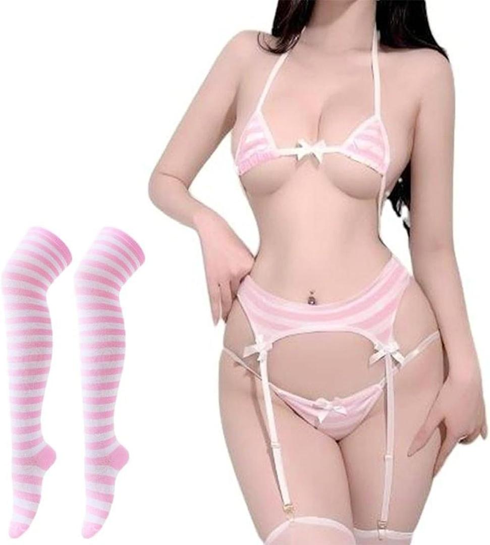 Women Cute Kawaii Anime LingerieMicro Bra and Tiny PantyStripe Bikini for Cosplay Sexy Set, Small code, Pink