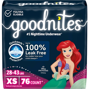 Goodnites Girls' Nighttime Bedwetting Underwear, Size Extra Small (28-43 lbs), 76 Ct (2 Packs of 38), Packaging May Vary