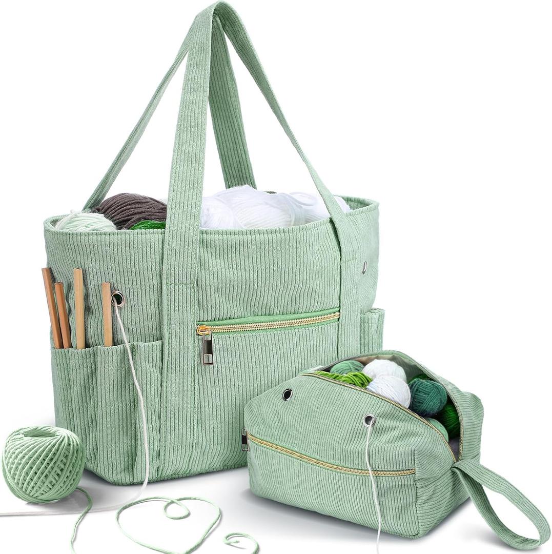 Bulyoou 2 Pcs Crochet Bag and Tote Set Corduroy Yarn Bag Crochet Tote Bag for Crochet Hooks Organizer Yarn Holder for Crochet Lovers Knitting Bag Crochet Accessories(Green)