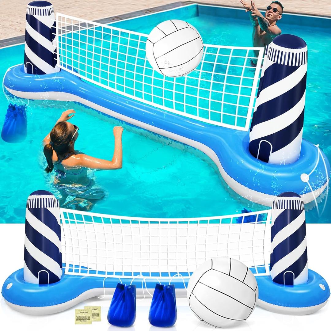 Inflatable Pool Games Volleyball Net Pool Float Set with 19" Beach Ball, Lighthouse Design  Floating Swimming Water Sports Toys for Adults, Perfect for Summer Pool Party Supply (112"X26"X35")