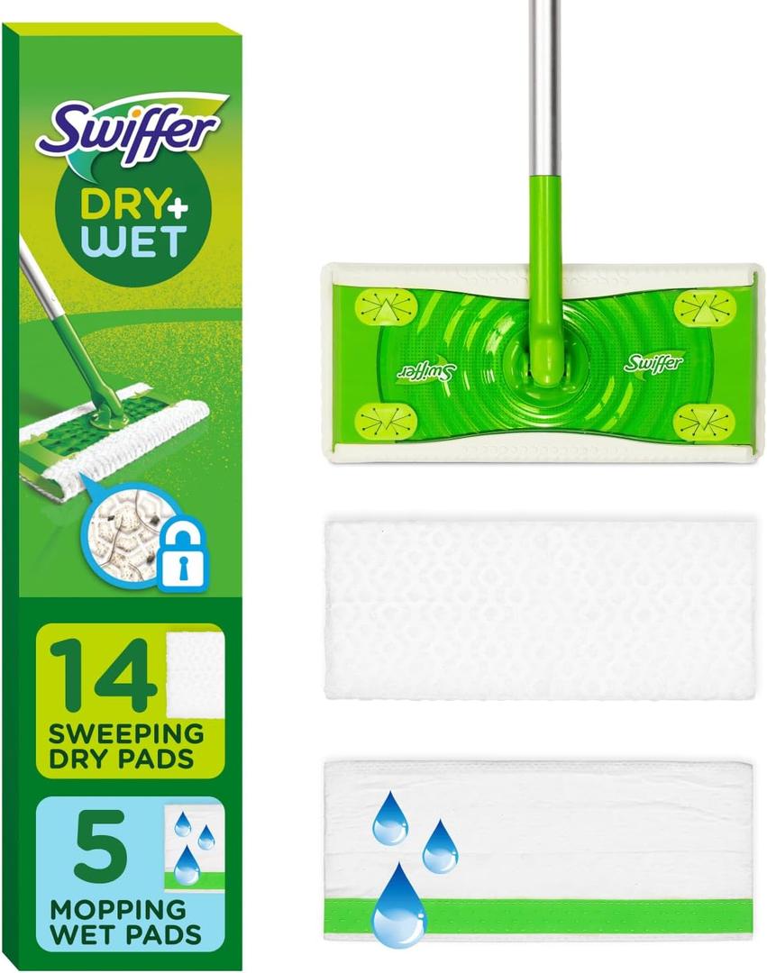 Swiffer Sweeper 2-in-1 Dry + Wet Floor Mopping and Sweeping Kit, Multi-Surface Kit for Floor Cleaning, Kit Includes 1 Sweeper, 14 Dry Sweeping Cloths, 5 Wet Mopping Cloths (1 Kit)