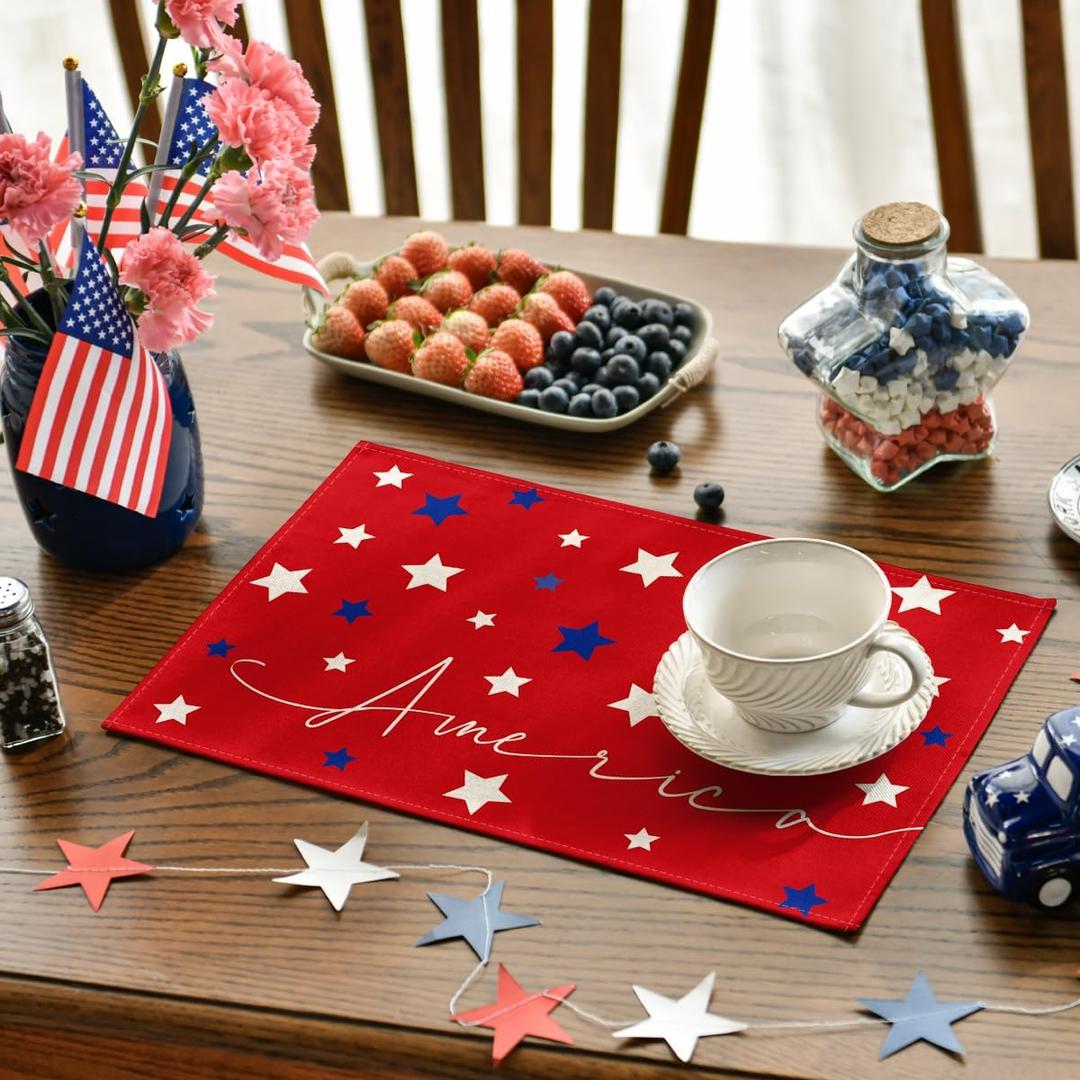 Red Blue Stars America Patriotic 4th of July Placemats Set of 4, 12 x 18 Inch Seasonal Holiday Table Mats for Party Dining Table Decoration