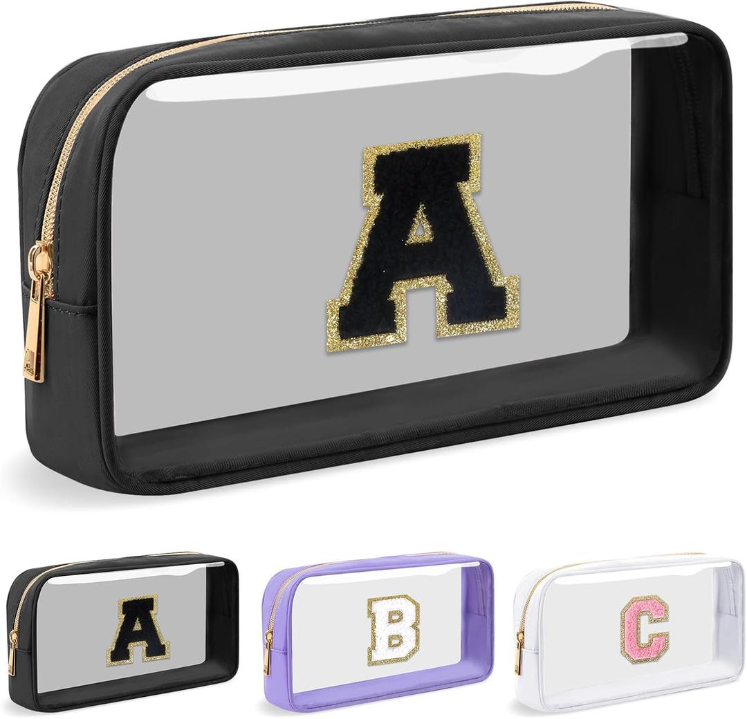 UIXIZQ Personalized Initial Letter Clear Makeup Bag,Preppy Small Nylon&PVC Cosmetic Zipper Bag with Chenille Letter,Travel Skincare Toiletry Bag,Monogram Christmas Gift for Teen Girls Women,A