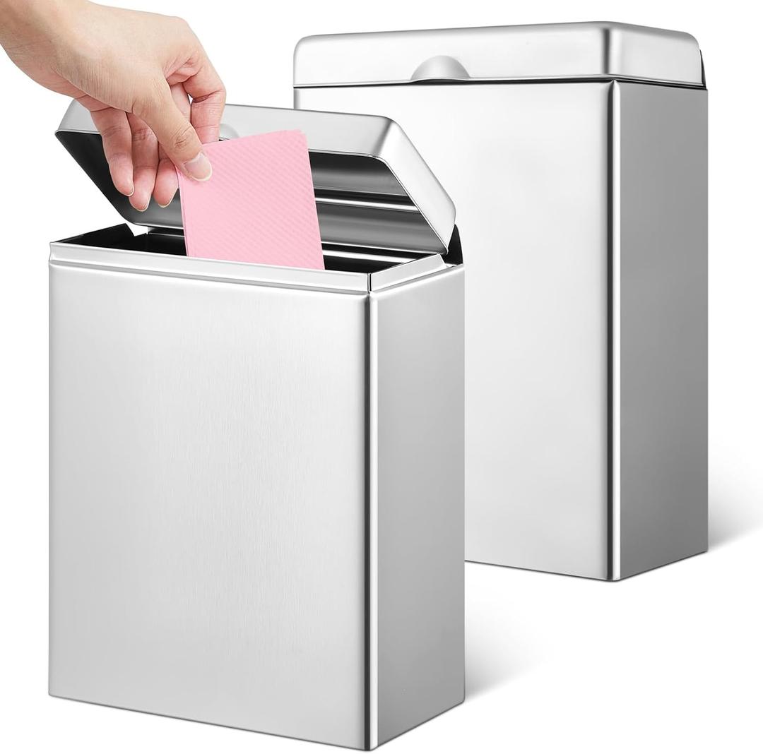 Tioncy Sanitary Napkin Receptacle, Tampon Disposal Bin Wall Mounted Tampon Holder Stainless Steel Sanitary Napkin Disposal Bins for Home Office Public Restrooms Bathroom(Natural Color, 2 Pcs)