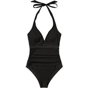 RXRXCOCO Womens One Piece Swimsuits Tummy Control Bathing Suit Drawstring Halter Mesh Swimdress (Large, 023# Black)