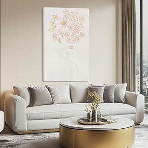 Framed Minimalist Wall Art, Beautiful Woman with Pink Flowers, Abstract Wall Art for Living Room, Aesthetic Posters for Room, Office Wall Decor for Women, 24" x 36"