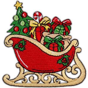 4Pack EMBROBOF Santa Sleigh Patch 3 inches, Joyful Christmas Tree Patch Embroidered Merry Christmas Iron On Patches for Clothes