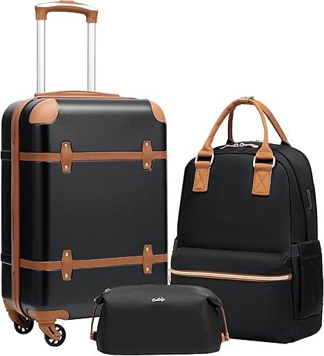 Coolife Suitcase Set 3 Piece Luggage Set Carry On Travel Luggage TSA Lock Spinner Wheels Hardshell Lightweight Luggage Set(Black, 3 piece set (BP/TB/20