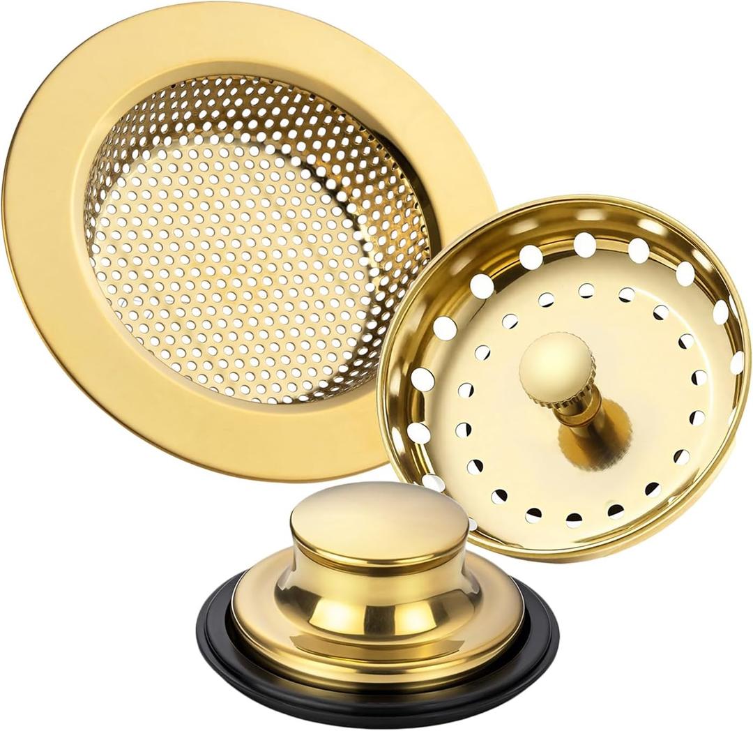 RQYEKDO 3-Pack Kitchen Sink Drain Strainer Stopper Set, Universal Anti-Clogging Stainless Steel Garbage Disposal Plug with Handle, Perforated Basket Filter Sieve for Standard 3.5" Drains (Gold)