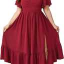 SCOMCHIC Womens Plus Size Wedding Guest Cocktail Dresses Sweetheart Neckline Short Sleeve Smocked Ruffle Slit Maxi Dress, Size 4XL