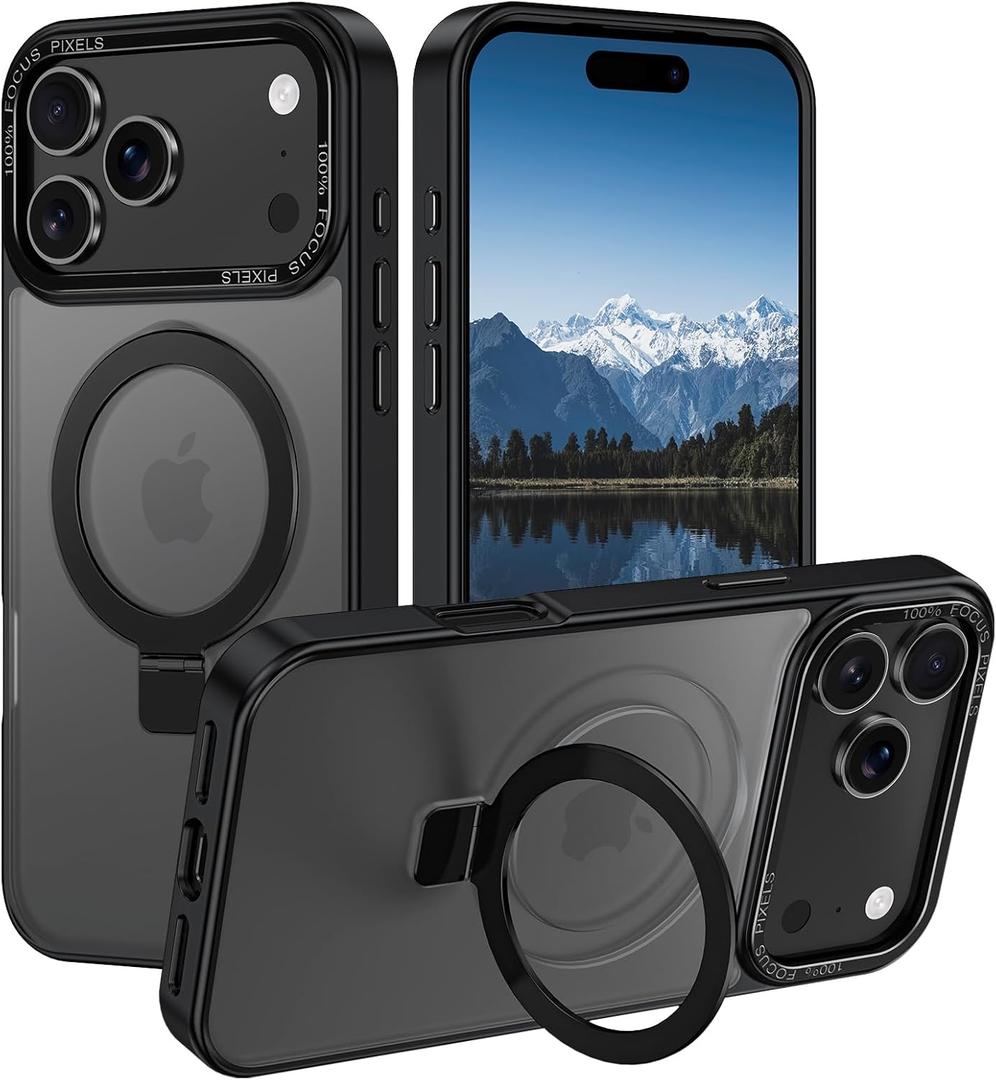 for iPhone 17 Pro Case 2025,with Magnetic Invisible Stand [Compatible with MagSafe] Shockproof Slim Translucent Anti-Slip Military Drop Protection Cover,Black