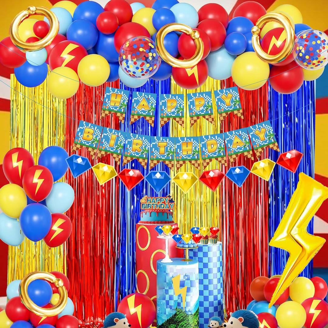 Cartoon Hedgehog Birthday Decorations for Boys,Blue Red Gold Fringe Curtains, Gold Circle Explosion Star Foil Balloon,Happy Birthday Banner