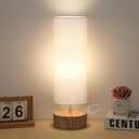 Bedside Table Lamp, 3 Way Touch Control Table Lamp with Wood Grain Base, Dimmable Nightstand Lamp with White Shade, Simple Night Light for Bedroom Living Room Home Office, LED Bulb Included