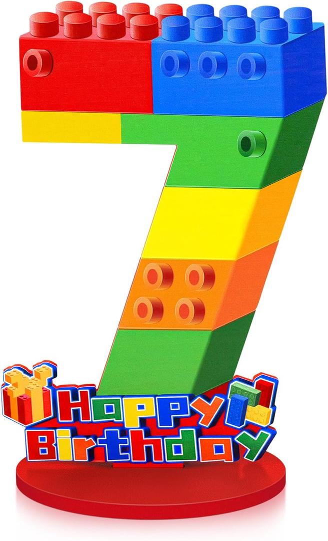 Building Block Birthday Party Decorations Wooden Birthday Number 7 Sign Centerpiece Colorful Number Party Centerpieces for Building Block Theme Table Decorations Photo Prop Birthday Party(Number7)