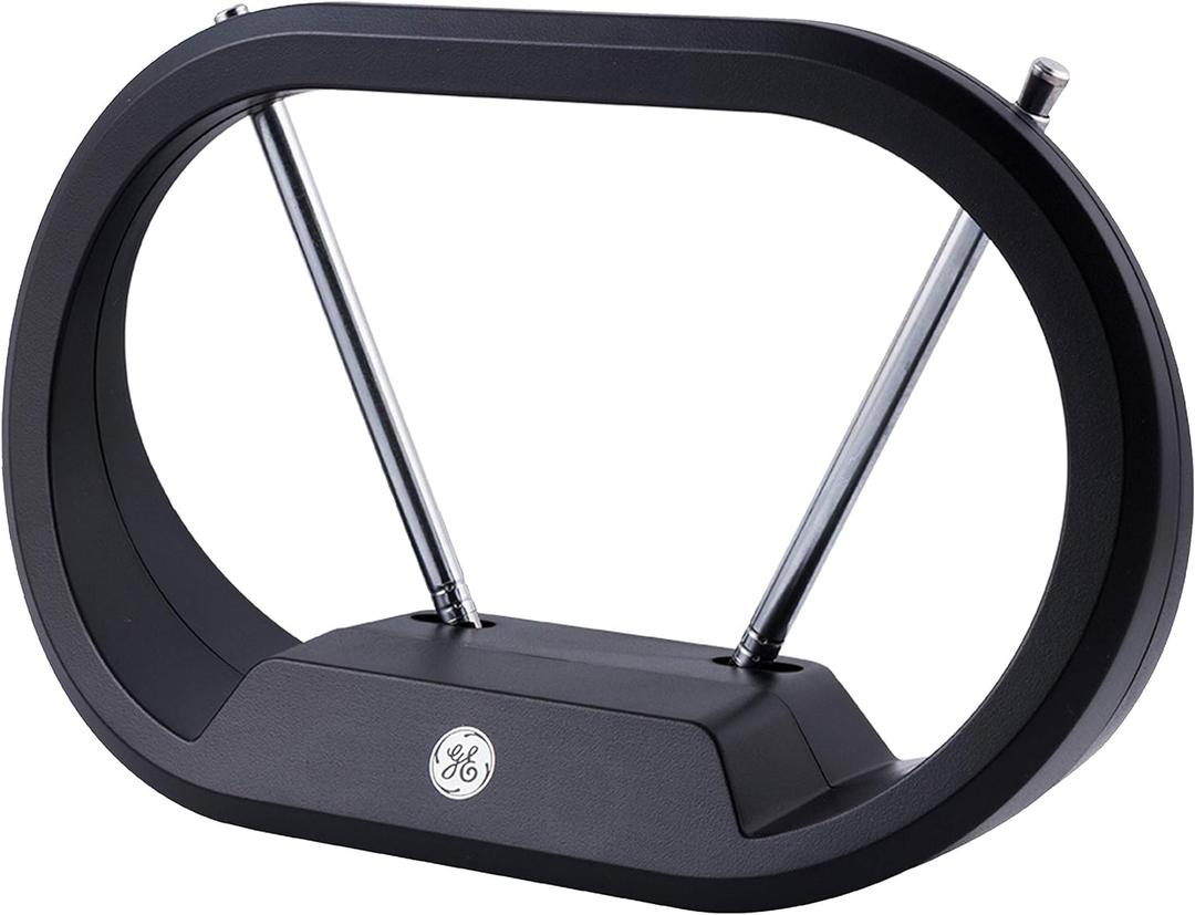 GE Modern Loop Rabbit Ears Indoor TV Antenna, 15 inch Extendable Dipoles, 4K 1080P VHF UHF, Tabletop Antenna, Digital HDTV Antenna, Smart TV Compatible, 4ft Coaxial Cable, Black, 33675