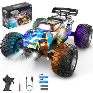 Remote Control Car, 1:18 2WD Off-Road RC Truck 20 KM/H, All-Terrain RC Cars with Headlights, BodyLights, 2.4GH Rechargeable Remote Control Monster Truck, Christmas or Birthday Gift Toys for Boys Girls