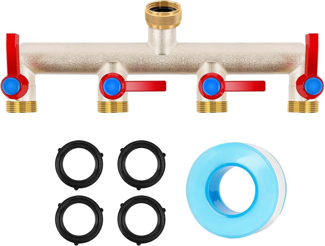 Upgraded Brass Garden Hose Splitter 4 Way Heavy Duty with Extension Handle | 3/4" Outdoor Faucet Splitter Water Spigot Splitter with Individual On/Off Valve