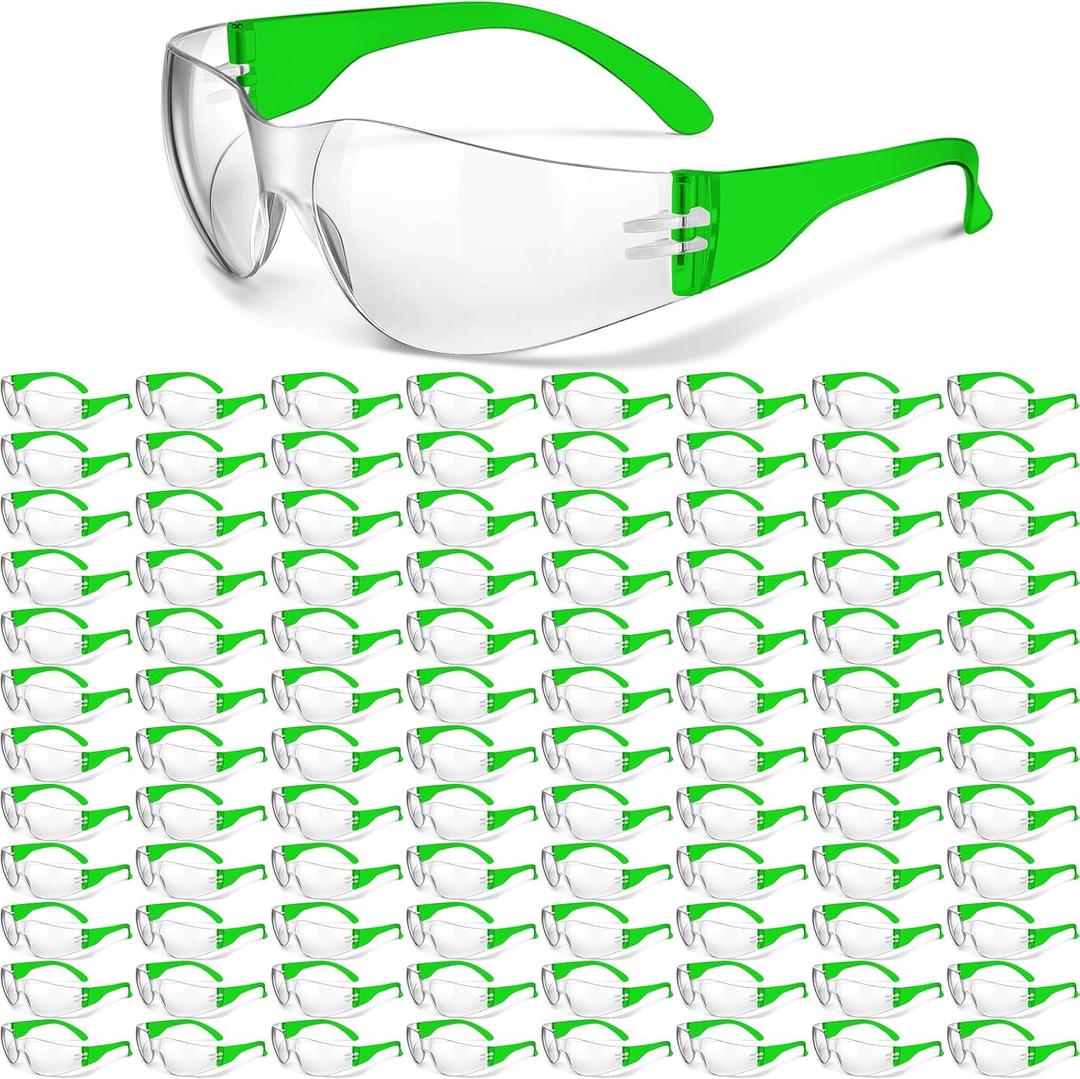 Yunsailing 100 Pack Bulk Safety Glasses Eye Protection Goggles for Women Men DIY Construction Lab (Clear Lens and Green Frames)