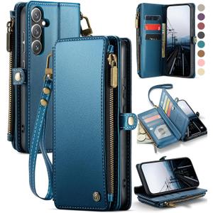 Defencase Compatible with Samsung Galaxy S24 FE Case Wallet with RFID Blocking Card Holder for Women Men, PU Leather Magnetic Snap Flip Zipper Strap Wallet Phone Case for Galaxy S24 FE 5G 6.7", Blue
